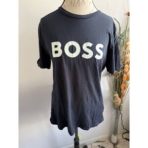 BOSS T Shirt Mens Large Navy Blue Graphic Tee Casual Short Sleeve